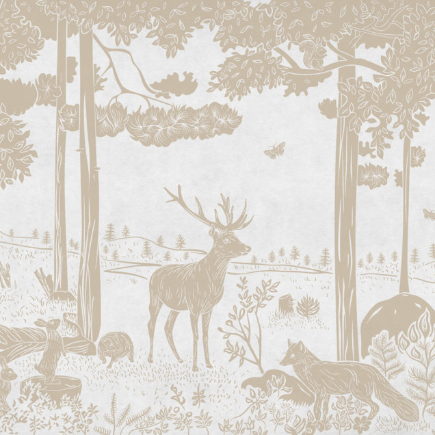 Tapet de perete cu o pădure monocromă, cu nuanțe vintage de alb, ideal pentru dormitoare, sufragerii sau camere pentru copii. Design artistic cu detalii rafinate ale copacilor, animalelor și florilor.