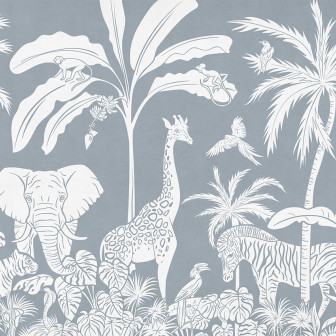 Tapet Monochrome Jungle - Blue cu animale și plante din silueta albă pe un fundal bleu