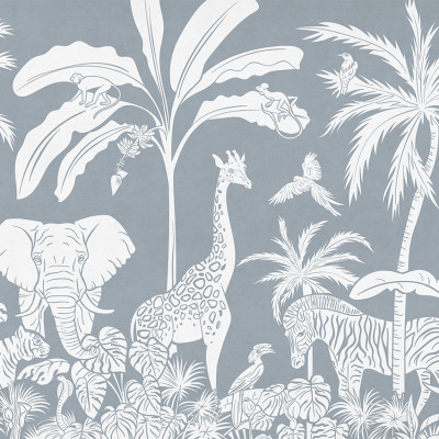 Tapet Monochrome Jungle - Blue cu animale și plante din silueta albă pe un fundal bleu