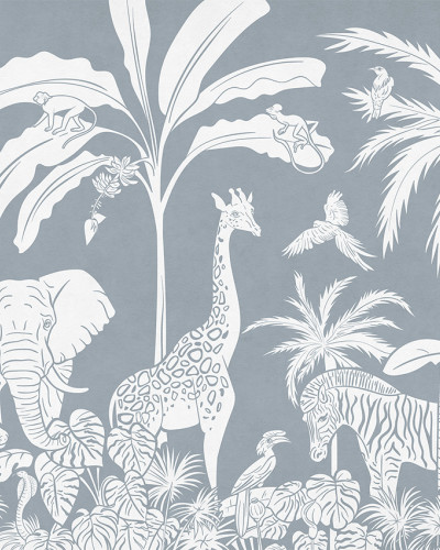 Tapet Monochrome Jungle - Blue cu animale și plante din silueta albă pe un fundal bleu