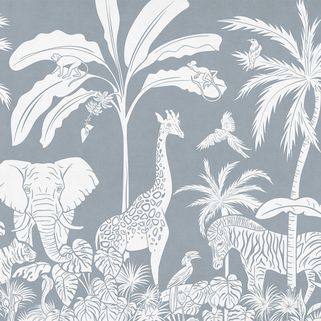 Tapet Monochrome Jungle - Blue cu animale și plante din silueta albă pe un fundal bleu