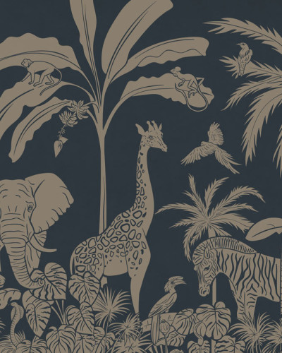 Tapet personalizat Monochrome Jungle - Blue Vintage cu design exotic, ilustrat cu animale sălbatice din junglă pe un fond albastru vintage