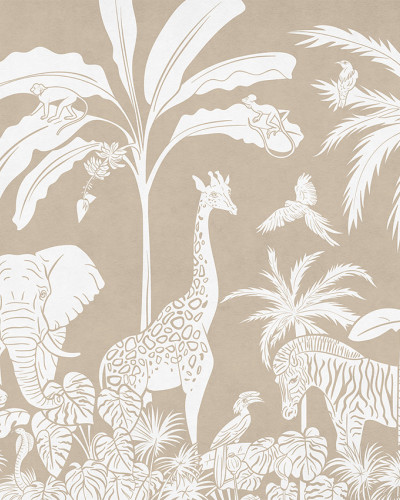 Tapet monocrom cu design de junglă, cu girafe, elefanți, zebre și păsări exotice, în nuanțe de alb pe un fundal maro