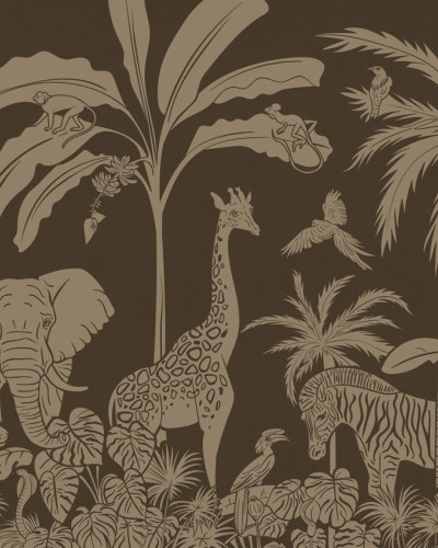 Tapet Monochrome Jungle - Brown Vintage cu motive de animale de safari și palmieri pe un fundal maro.