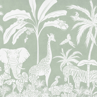 Tapet Monochrome Jungle - Green cu imagini de animale sălbatice, perfect pentru camera copilului