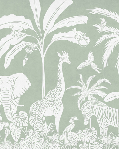 Tapet Monochrome Jungle - Green cu imagini de animale sălbatice, perfect pentru camera copilului
