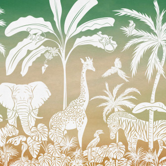 Un personalizat cu design jungle, cu palmieri, girafe, elefanți, maimuțe și zebre albe pe un fundal verde-auriu.