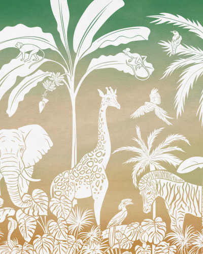 Un personalizat cu design jungle, cu palmieri, girafe, elefanți, maimuțe și zebre albe pe un fundal verde-auriu.