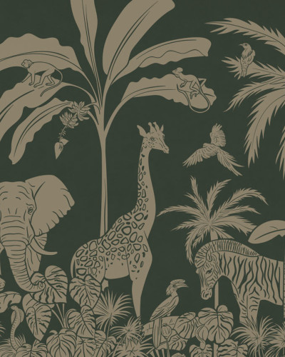 Wallpaper monocrom cu design de junglă, cu animale sălbatice și plante tropicale în nuanțe de verde vintage