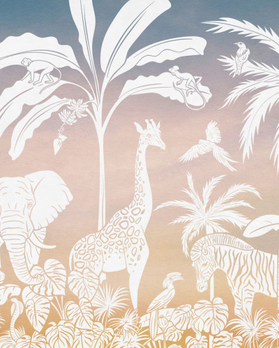 Tapet personalizat Monochrome Jungle - Sky Pink, cu siluete albe de animale sălbatice tropicale pe fundal gradient.