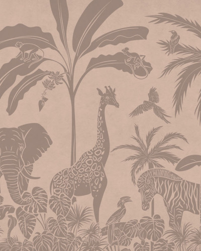 Tapet cu design jungla vintage roz cu girafe, elefanți, zebre și maimuțe