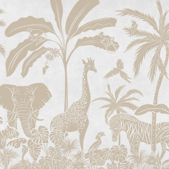 Tapet personalizat cu design monocrom a animalelor din junglă, ideale pentru o atmosfera vintage. Imaginea prezinta elefanti, girafe, zebre, maimute si palmieri.