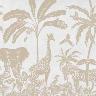 Tapet personalizat cu design monocrom a animalelor din junglă, ideale pentru o atmosfera vintage. Imaginea prezinta elefanti, girafe, zebre, maimute si palmieri.