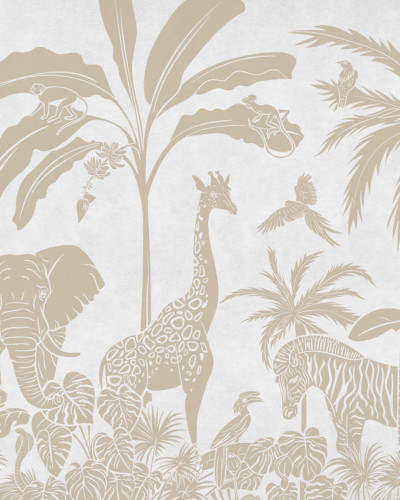 Tapet personalizat cu design monocrom a animalelor din junglă, ideale pentru o atmosfera vintage. Imaginea prezinta elefanti, girafe, zebre, maimute si palmieri.