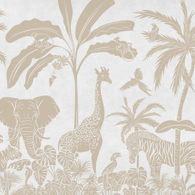 Tapet personalizat cu design monocrom a animalelor din junglă, ideale pentru o atmosfera vintage. Imaginea prezinta elefanti, girafe, zebre, maimute si palmieri.