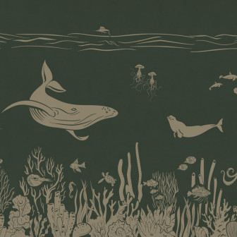 Tapet Monochrome Sea - Green Vintage, cu design marin, o balena inotand printre corali, pesti si meduze