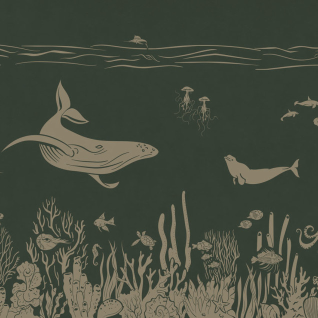 Tapet Monochrome Sea - Green Vintage, cu design marin, o balena inotand printre corali, pesti si meduze