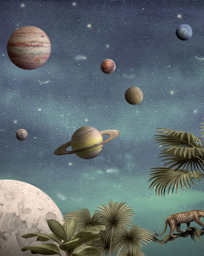 Tapet cu design spațial, Pretty Planets, cu planete colorate, stele, palmieri și leoparzi.
