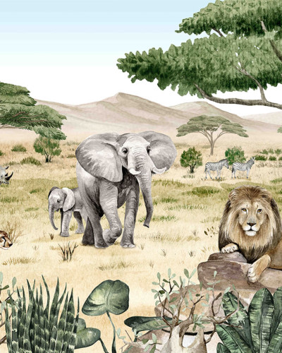 Tapet cu peisaj african, cu elefanți, lei, girafe și alte animale sălbatice.