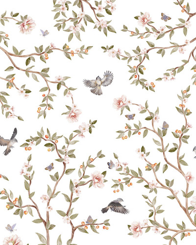 Tapet floral cu flori roz, ramuri delicate si pasarele