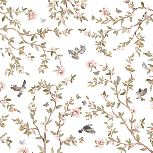 Tapet floral cu flori roz, ramuri delicate si pasarele