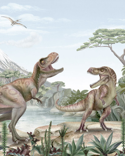 Tapet cu doi dinozauri T-Rex intr-o jungla luxurianta cu un vulcan in fundal