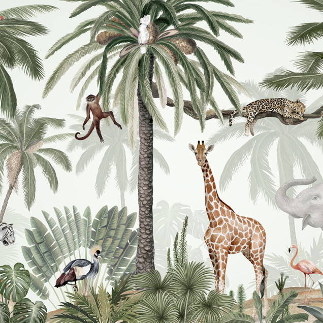 Tapet tropical cu palmieri, maimuțe, un leopard, o girafa și un elefant.