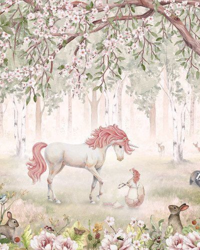 Tapet cu unicorn roz in padurea cu flori roz