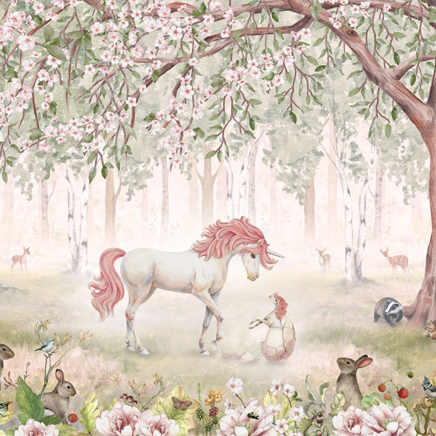 Tapet cu unicorn roz in padurea cu flori roz