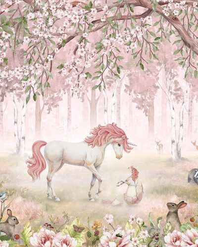 Tapet personalizat Pădurea Unicornilor - Roz, cu un unicorn roz adorabil într-o pădure fermecată.