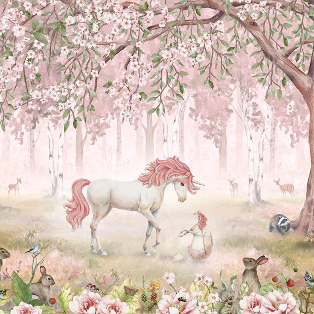 Tapet personalizat Pădurea Unicornilor - Roz, cu un unicorn roz adorabil într-o pădure fermecată.