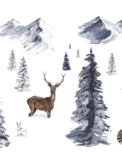 Tapet personalizat Winter Wonderland cu o padure fermecatoare de iarna, cu brazi, animale adorabile si munti inzapeziti.