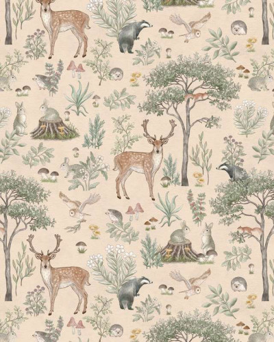Tapet cu design de pădure și animale, nuanțe de bej