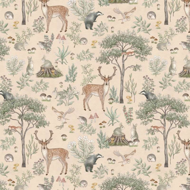 Tapet cu design de pădure și animale, nuanțe de bej