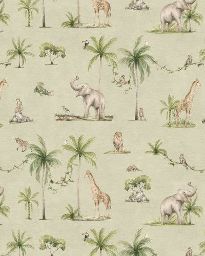 Tapet cu elefanți, girafe și palmieri pentru camera copiilor