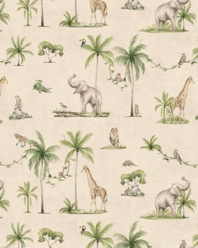 Tapet cu animale savană - elefanți, girafe, palmieri