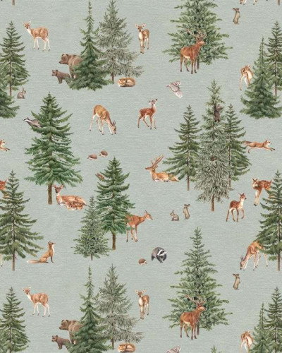 Tapet cu design de pădure cu pini și animale pentru camera copiilor
