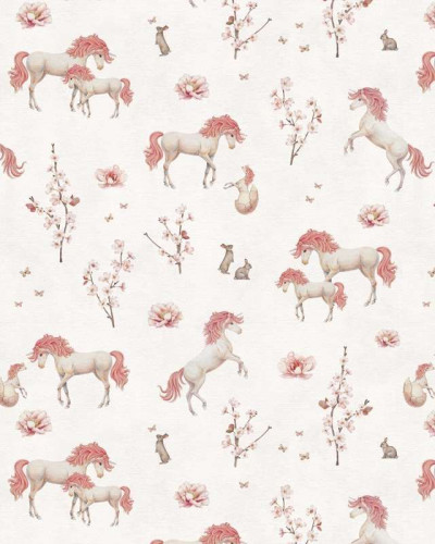 Tapet cu unicorni albi și detalii florale roz