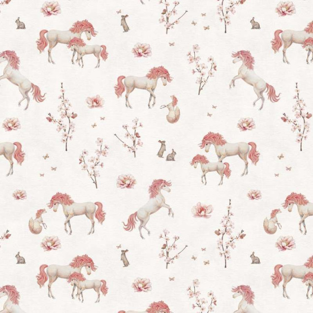 Tapet cu unicorni albi și detalii florale roz