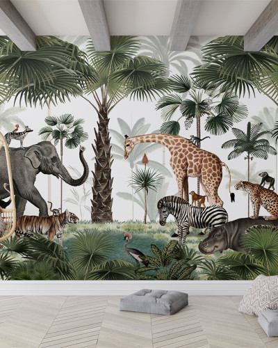 Tapet personalizat Animal Kingdom, cu imagini spectaculoase cu animale din jungla, palmieri si o atmosfera fascinanta.