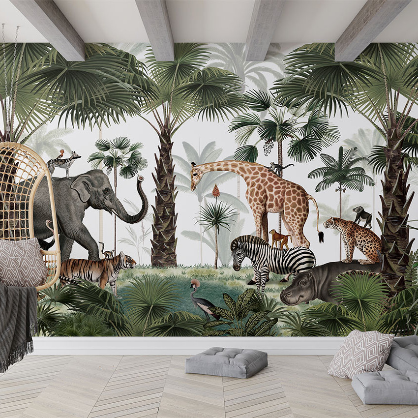 Tapet personalizat Animal Kingdom, cu imagini spectaculoase cu animale din jungla, palmieri si o atmosfera fascinanta.