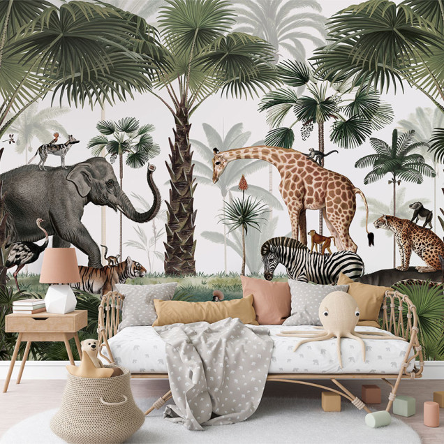 Tapet personalizat Animal Kingdom, cu imagini spectaculoase cu animale din jungla, palmieri si o atmosfera fascinanta.