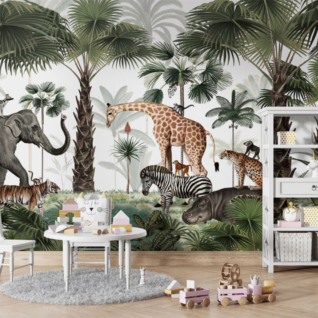 Tapet personalizat Animal Kingdom, cu imagini spectaculoase cu animale din jungla, palmieri si o atmosfera fascinanta.