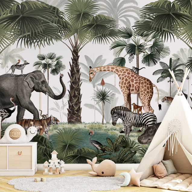 Tapet personalizat Animal Kingdom, cu imagini spectaculoase cu animale din jungla, palmieri si o atmosfera fascinanta.