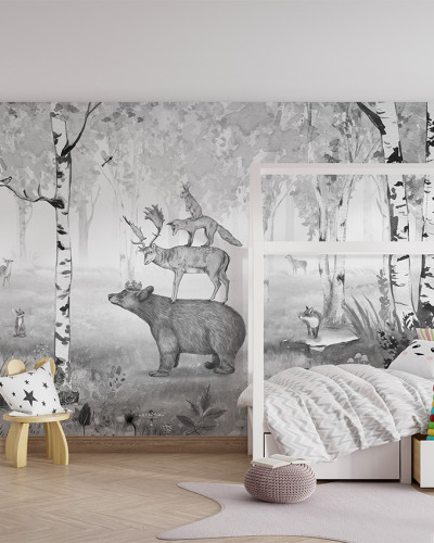 Tapet personalizat Bear King - Black and White, cu un urs regele, o căprioară, un vulpe si alte animale intr-o pădure de mesteacăn.
