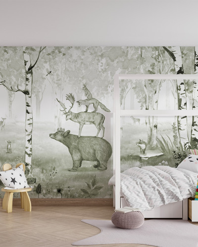 Tapet personalizat "Bear King - Green", design pictat în acuarelă, cu un urs, un cerb, un vulpe și un iepure, înconjurați de copaci.
