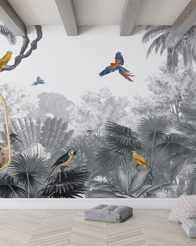 Tapet personalizat Canopy Jungle - Black and White, cu un design modern care prezintă o junglă luxuriantă în nuanțe de gri și alb, cu papagali viu colorați.