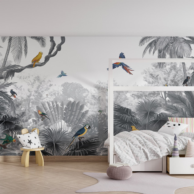 Tapet personalizat Canopy Jungle - Black and White, cu un design modern care prezintă o junglă luxuriantă în nuanțe de gri și alb, cu papagali viu colorați.