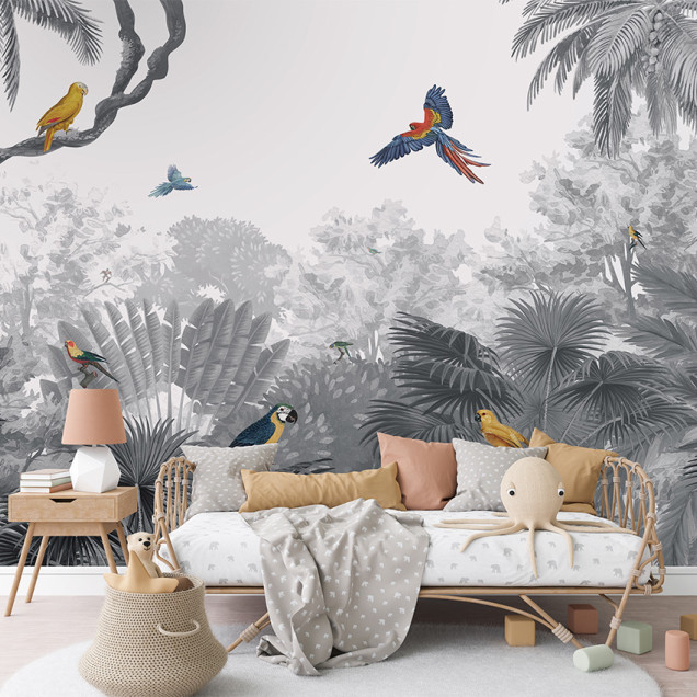 Tapet personalizat Canopy Jungle - Black and White, cu un design modern care prezintă o junglă luxuriantă în nuanțe de gri și alb, cu papagali viu colorați.