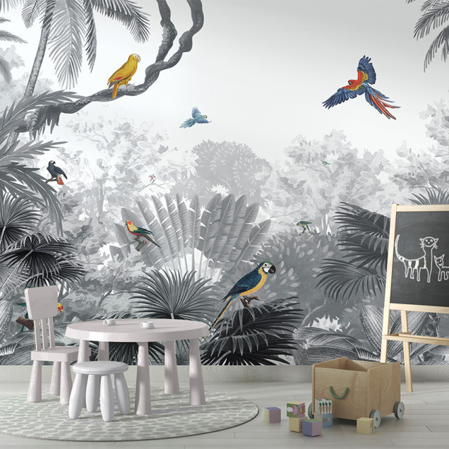 Tapet personalizat Canopy Jungle - Black and White, cu un design modern care prezintă o junglă luxuriantă în nuanțe de gri și alb, cu papagali viu colorați.
